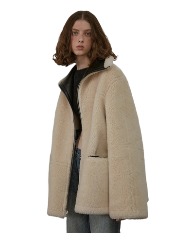“August Night”Wool Leather Reversible Shearling Jacket