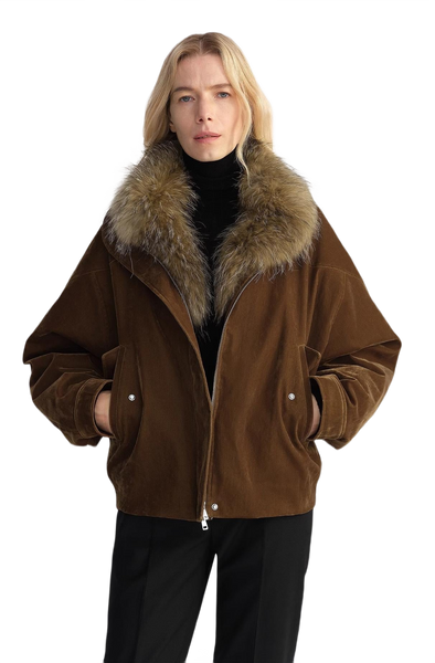Custom-Woven Flocked Denim, Detachable Raccoon Fur Collar, 90% White Goose Down Jacket, Loose Parka for Women