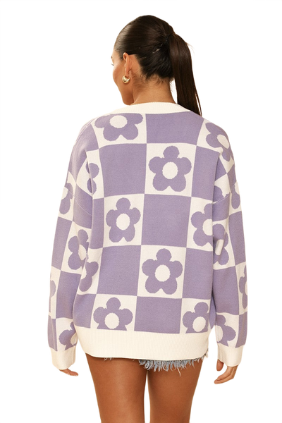 Checkered Flower Knit Cardigan