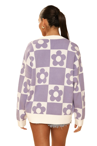 Checkered Flower Knit Cardigan