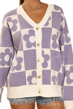 Checkered Flower Knit Cardigan