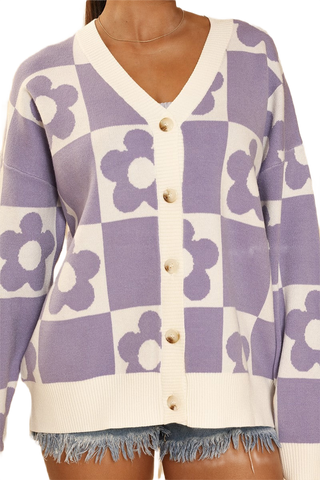 Checkered Flower Knit Cardigan