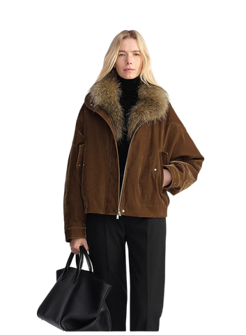 Custom-Woven Flocked Denim, Detachable Raccoon Fur Collar, 90% White Goose Down Jacket, Loose Parka for Women