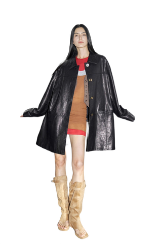 Notting Hill Diary Limited Edition Waxed Goat Leather/Retro Casual Lapel Mid-Length Leather Jacket