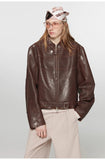 Caramel Mountain Retro Sheepskin Stand Collar Short Motorcycle Jacket