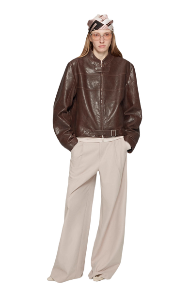 Caramel Mountain Retro Sheepskin Stand Collar Short Motorcycle Jacket
