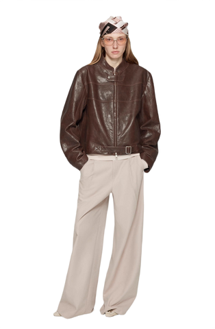 Caramel Mountain Retro Sheepskin Stand Collar Short Motorcycle Jacket