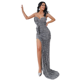 Selina Grey Sequin High Split Gown