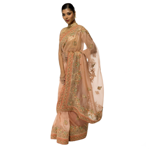Organza Sari With Hand Embroidery - Biege