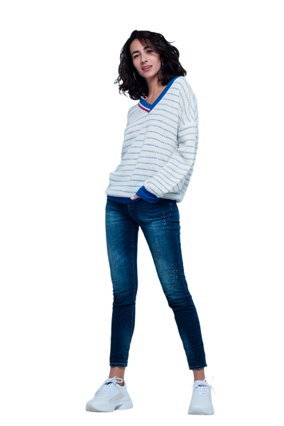 Blue Striped Sweater With V-Neck