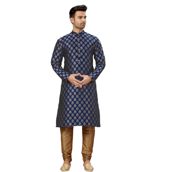 Mens Silk Kurta Pyjama Set - Navy Blue