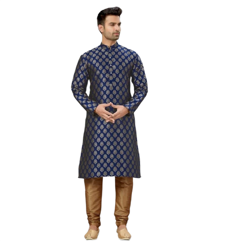 Mens Silk Kurta Pyjama Set - Navy Blue