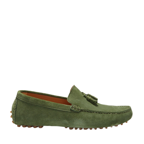 Tasselled Driving Loafers, Safari Green Suede