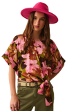 Floral Knot Top With Green Background in Satin Fabric
