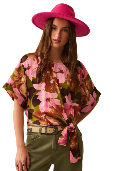 Floral Knot Top With Green Background in Satin Fabric