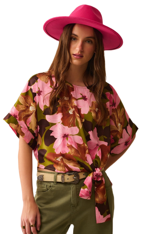 Floral Knot Top With Green Background in Satin Fabric