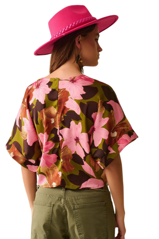 Floral Knot Top With Green Background in Satin Fabric