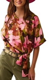 Floral Knot Top With Green Background in Satin Fabric