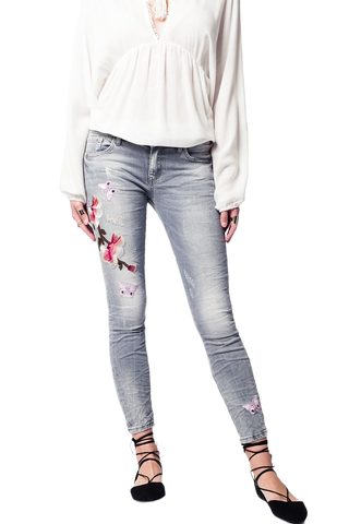 Gray Slim Denim Embroidered Jeans