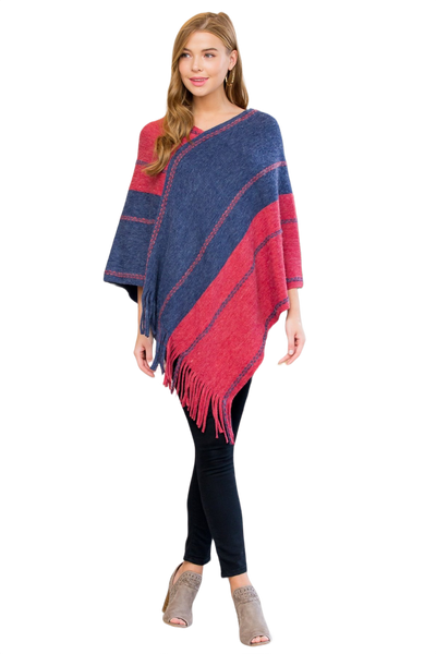 Hdf3007rdbl - Red Blue Two Tone Chain Print Fringe Poncho