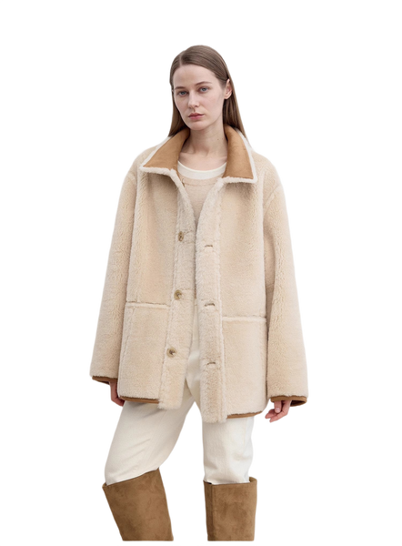 “Vintage Manor”High Quality Wool Contrast Lapel Reversible Artificial Compound Suede Shearling Jacket