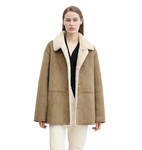 “Vintage Manor”High Quality Wool Contrast Lapel Reversible Artificial Compound Suede Shearling Jacket