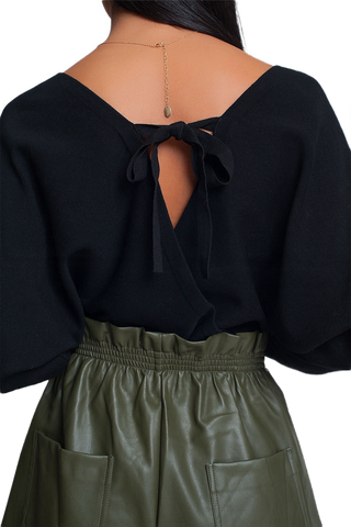 Knitted Sweater With Wrapped V-Neck in Black