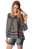 Gray Paisley Print Blouse With Cage Detail