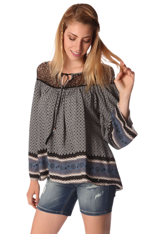 Gray Paisley Print Blouse With Cage Detail