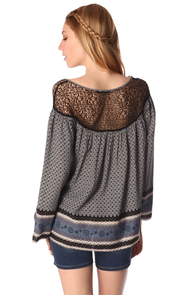 Gray Paisley Print Blouse With Cage Detail