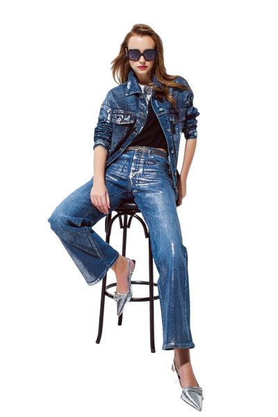 Straight Leg Jeans With Silver Metallic Finish