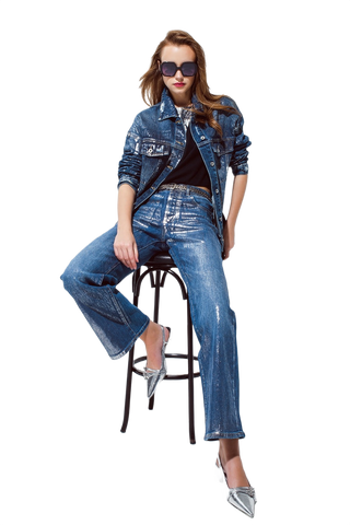 Straight Leg Jeans With Silver Metallic Finish