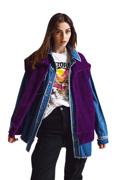 Open Herringbone Gilet With Shawl Style Collard in Purple