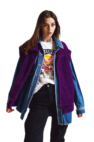 Open Herringbone Gilet With Shawl Style Collard in Purple