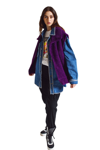 Open Herringbone Gilet With Shawl Style Collard in Purple