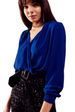 Long Sleeved Wrap Satin Blouse in Blue