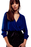 Long Sleeved Wrap Satin Blouse in Blue