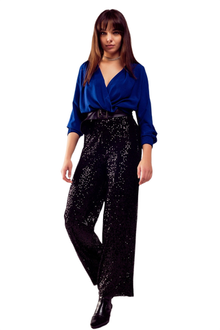 Long Sleeved Wrap Satin Blouse in Blue