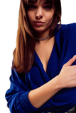 Long Sleeved Wrap Satin Blouse in Blue