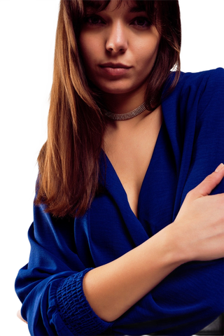 Long Sleeved Wrap Satin Blouse in Blue