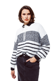 Fluffy  Crew Neck Sweater With Thin Black Stripes in White