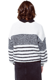 Fluffy  Crew Neck Sweater With Thin Black Stripes in White