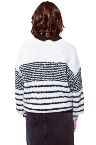 Fluffy  Crew Neck Sweater With Thin Black Stripes in White