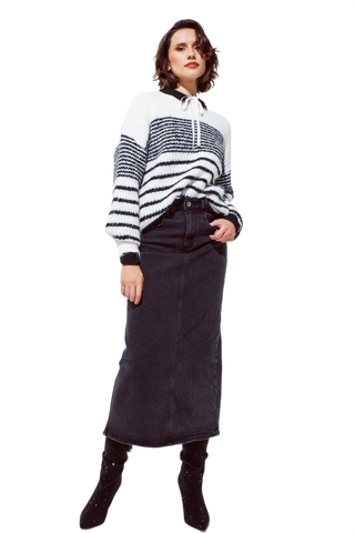 Fluffy  Crew Neck Sweater With Thin Black Stripes in White