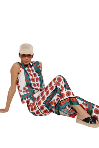 Satin Creme Flared Pants With Floral Design