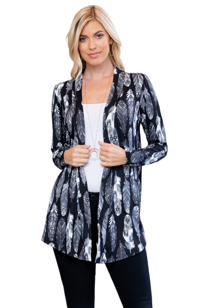 Feather Print Open Cardigan