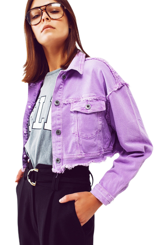 Cropped Denim Trucker Jacket in Purple