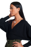 Knitted Sweater With Wrapped V-Neck in Black