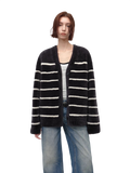 Vitality Girl Classic Simple Versatile Striped Splicing V-Neck Drop Shoulder Merino Sheepskin Coat