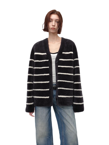 Vitality Girl Classic Simple Versatile Striped Splicing V-Neck Drop Shoulder Merino Sheepskin Coat